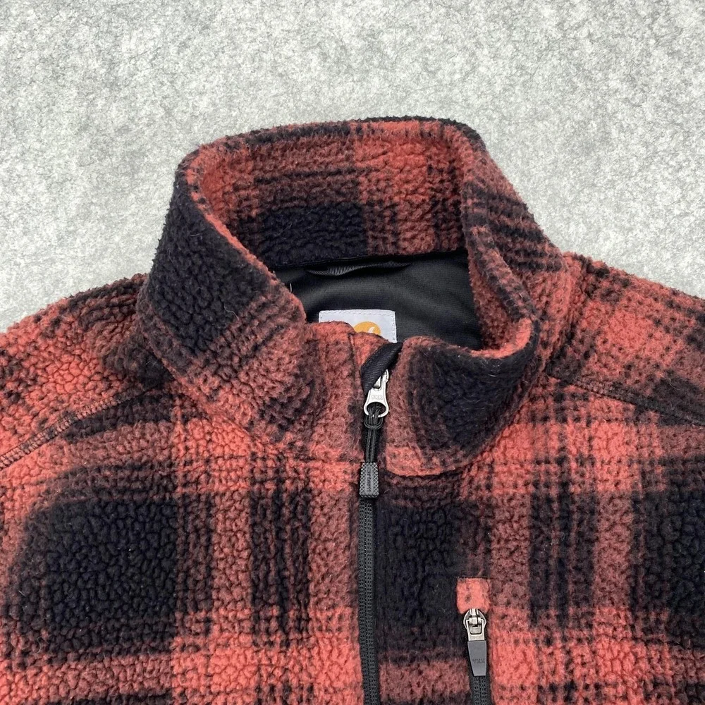 Carhartt Jacket Youth L 12-14 Red Plaid Sherpa Fleece Full Zip Pockets Warm